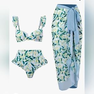 Floral Bikini Set with Coverup Long Wrap Skirt